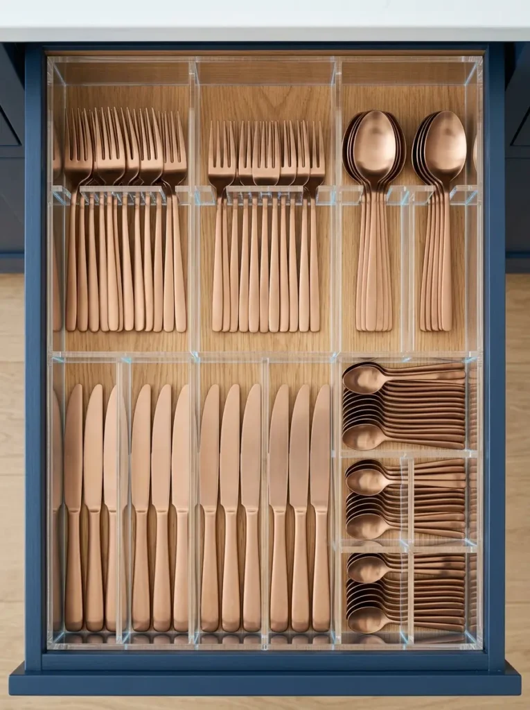 Transparent plastic sections separate rose gold forks knives and spoons inside a wooden drawer.