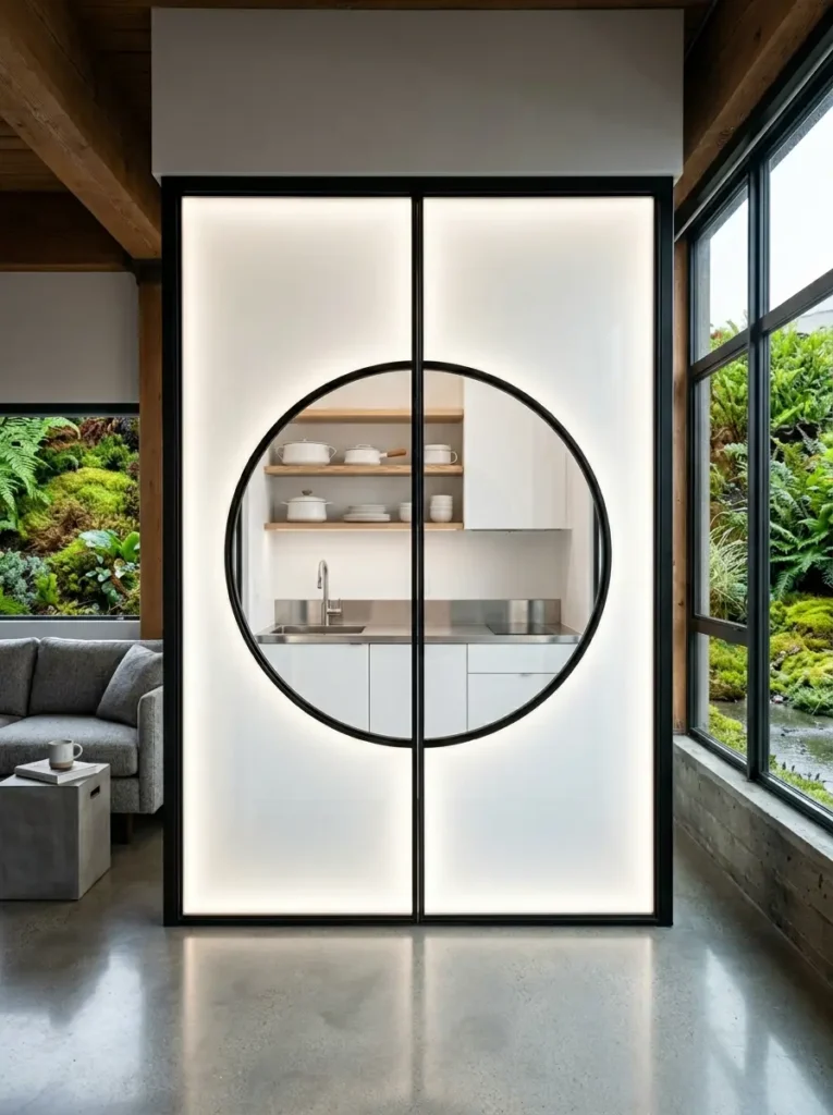A glowing white cabinet unit with a large central circular window revealing white kitchen shelves and a sink.