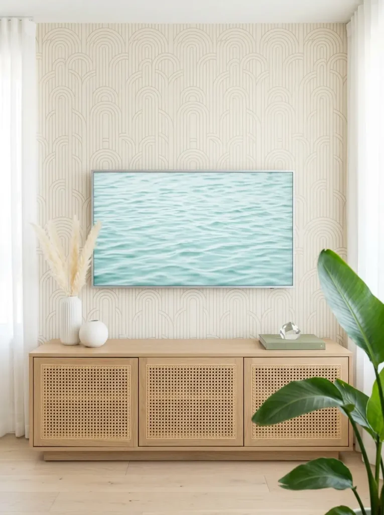 Geometric wallpaper background behind a screen with a cane cabinet in a small living room tv wall.