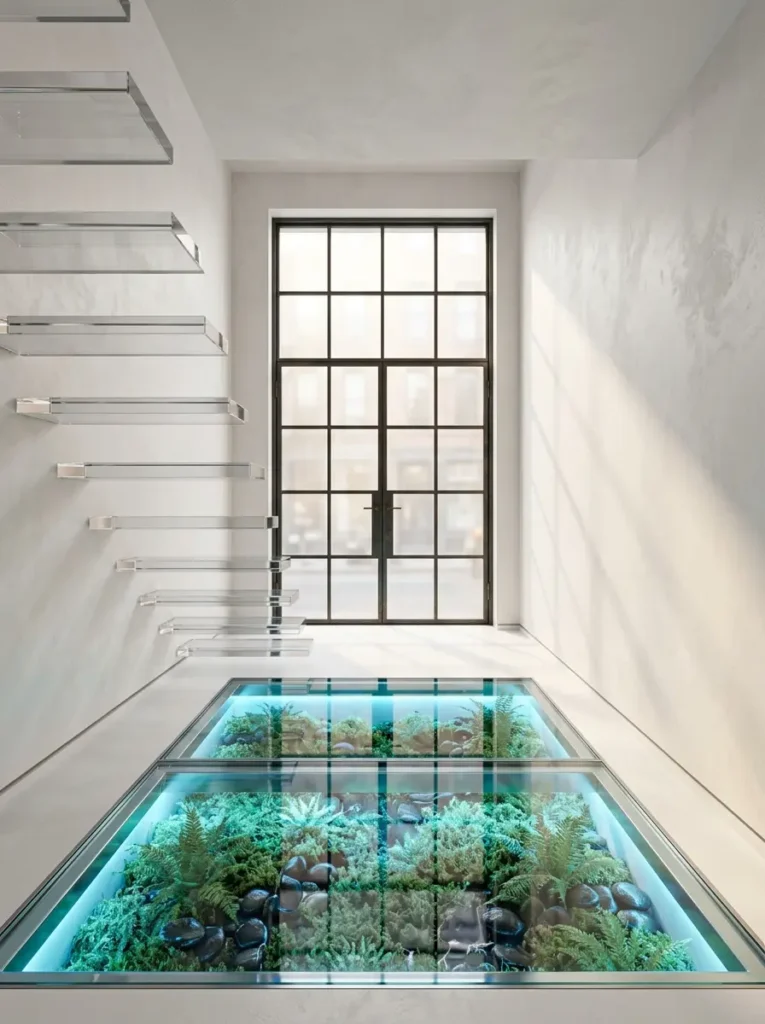 Clear walk on glass flooring revealing a brightly lit indoor garden with green ferns and river stones beneath floating acrylic stairs.