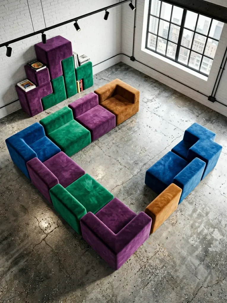 High angle view of colorful geometric velvet blocks arranged as a sofa on a concrete floor.