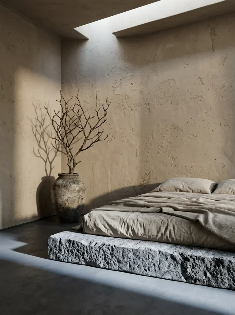 Earthy minimalist room with a rough stone platform bed and textured beige walls under bright overhead sunlight