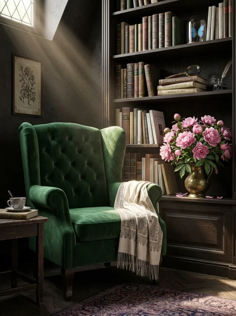 Emerald velvet wingback chairs sit beside pink peonies and vintage books.