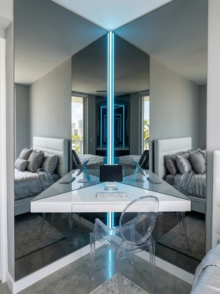 Large mirrors on a corner wall with a triangular white desk.