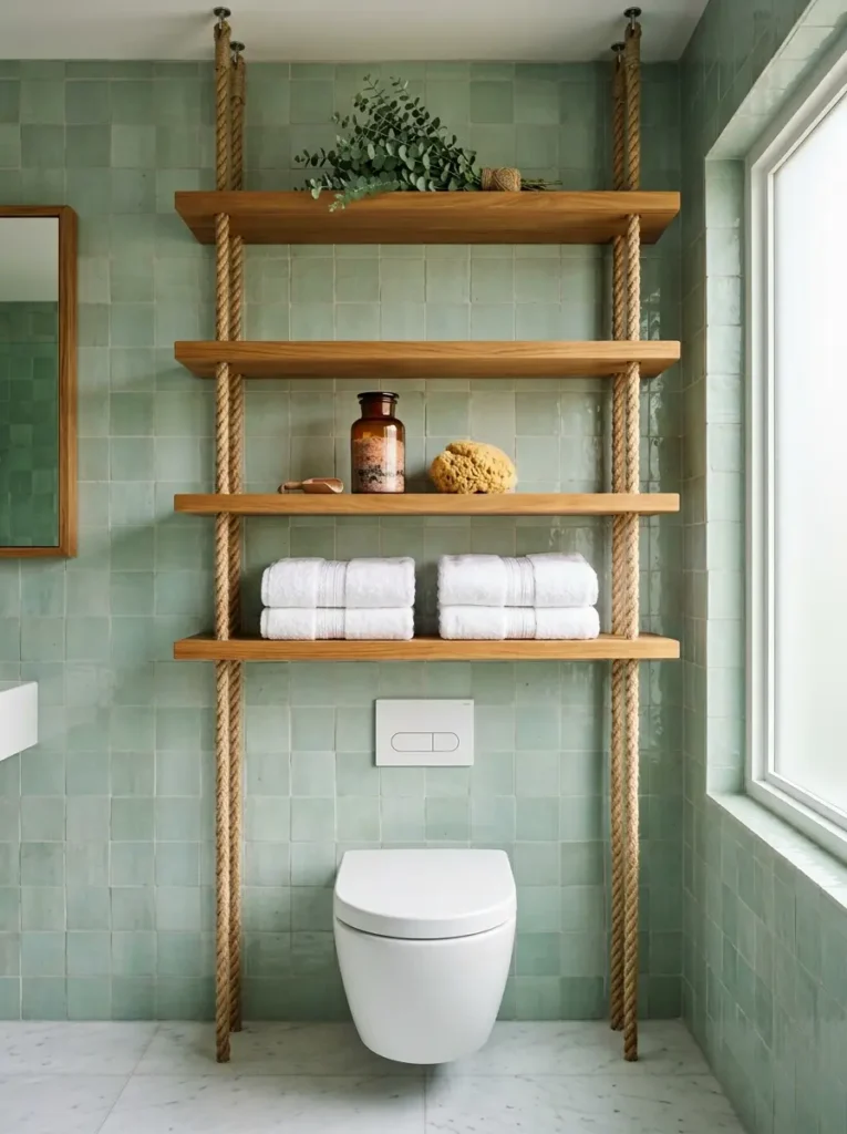 Four wooden shelves suspended by thick natural rope over a toilet holding white towels.