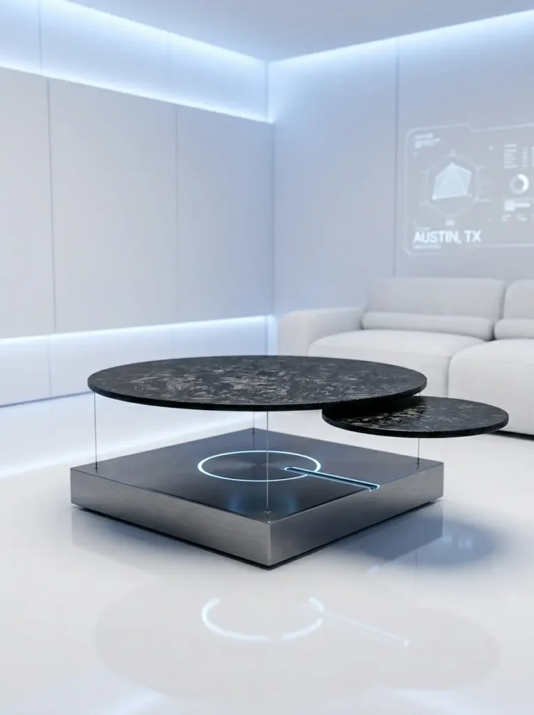 Floating Marble Futuristic Table Futuristic hovering coffee table with two staggered marble tops and glowing base rings