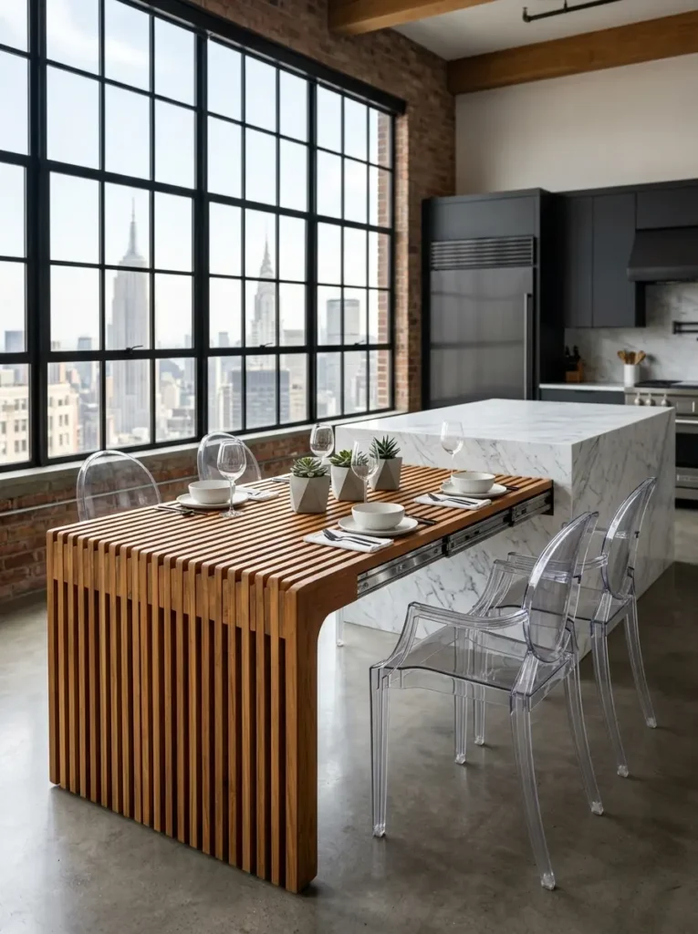 Slatted Wooden Island Extension Slider Slatted wooden space saving dining table extending from a white marble kitchen island.