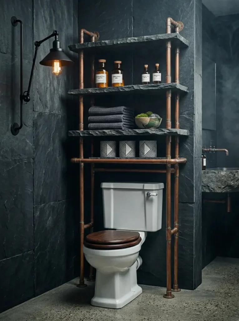 Rustic copper pipes holding dark stone shelves with bathroom supplies

