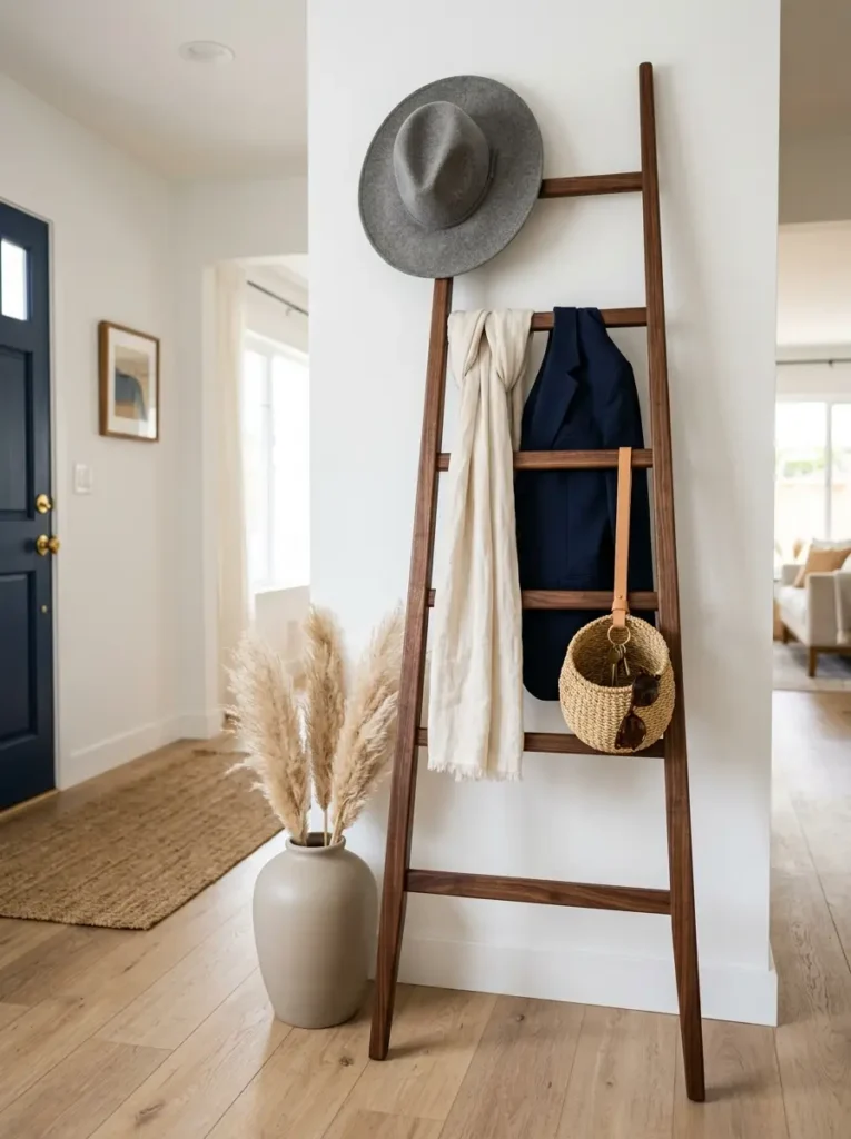 Tall wooden ladder leans against a white column holding a grey hat and navy blue jacket