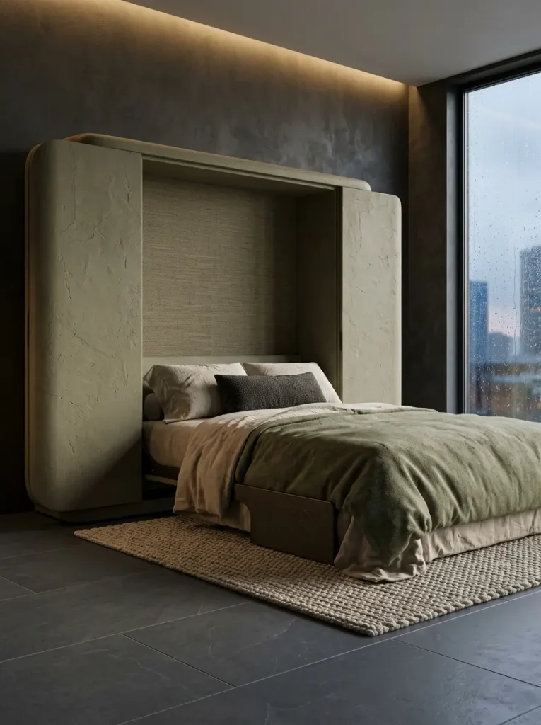 Plaster Texture Curved Alcove Earthy plaster textured affordable murphy bed with soft rounded edges and sage green bedding.