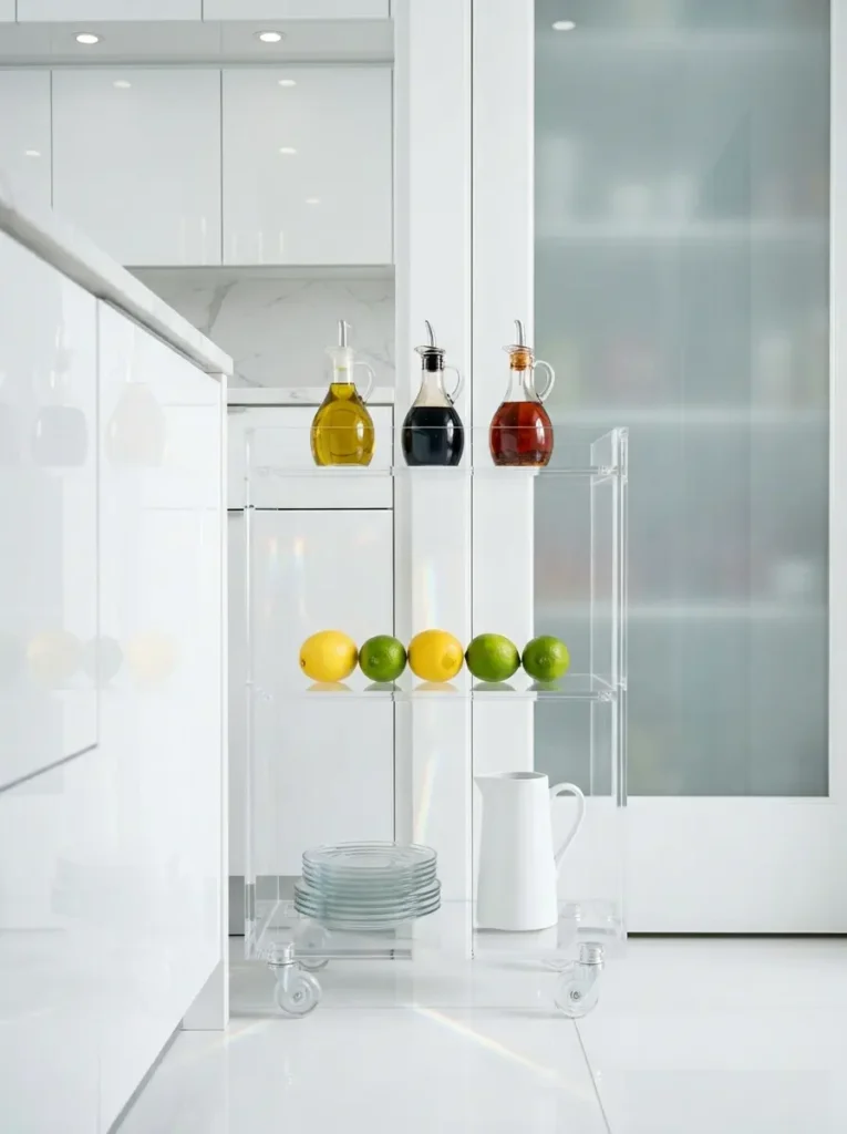 Transparent three-tier acrylic cart holding oils and fresh citrus