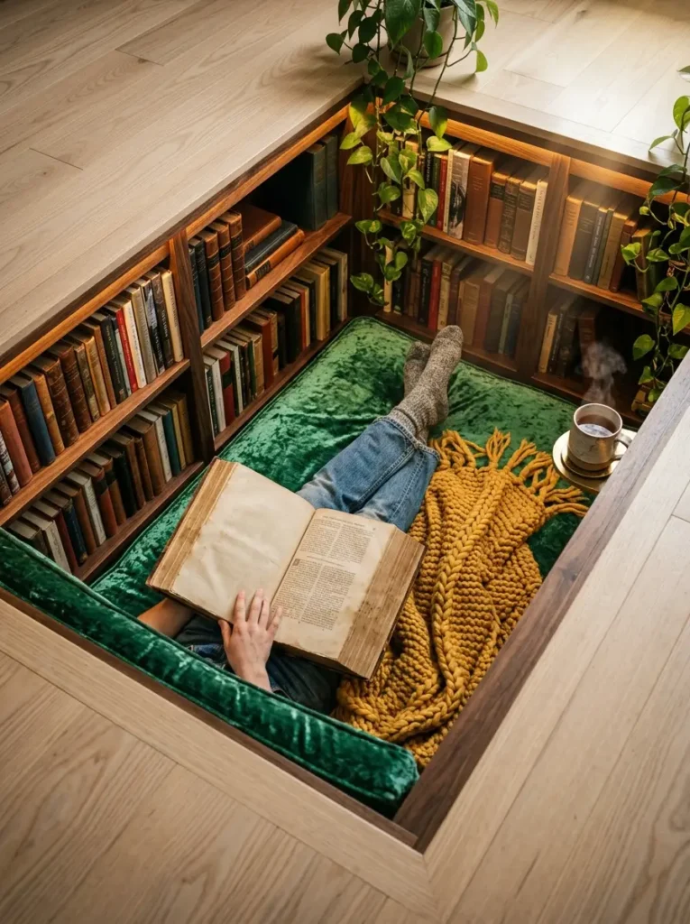 Sunken Floor Library Person lying on green velvet in a sunken floor reading nook surrounded by books.