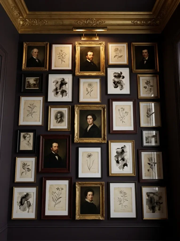 Floor to Ceiling Art Gallery Collection of framed classic art and botanical sketches covering a dark purple wall completely.