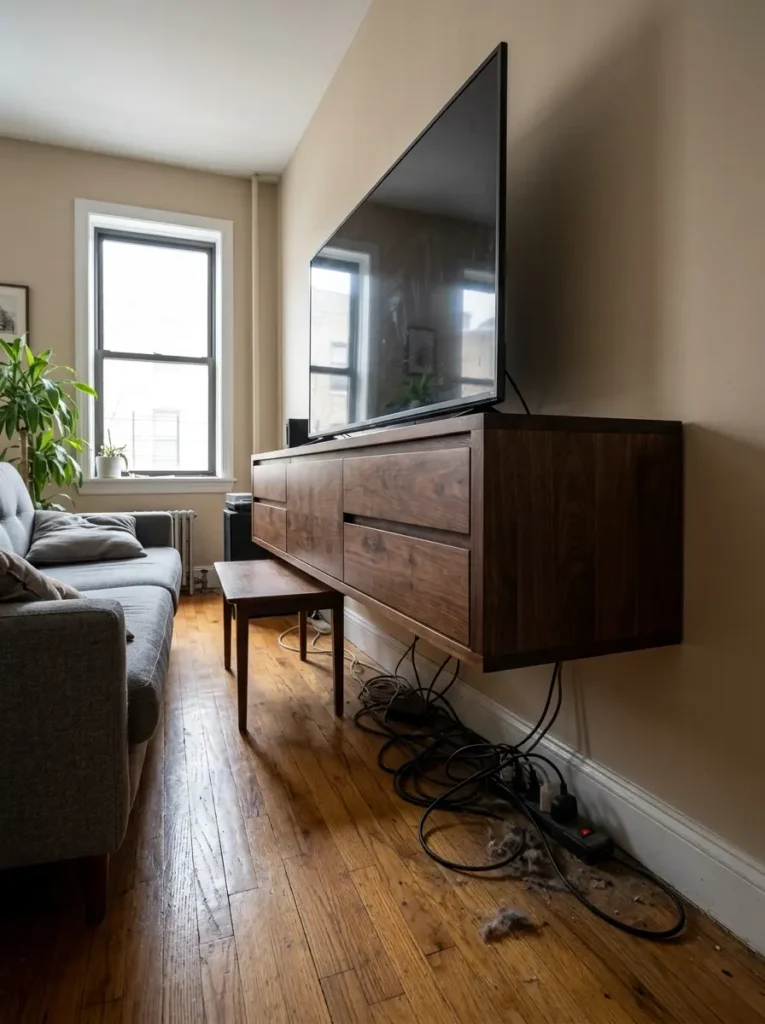 Floating wooden television console with a thick messy web of black power cords hanging down to the wooden floor
