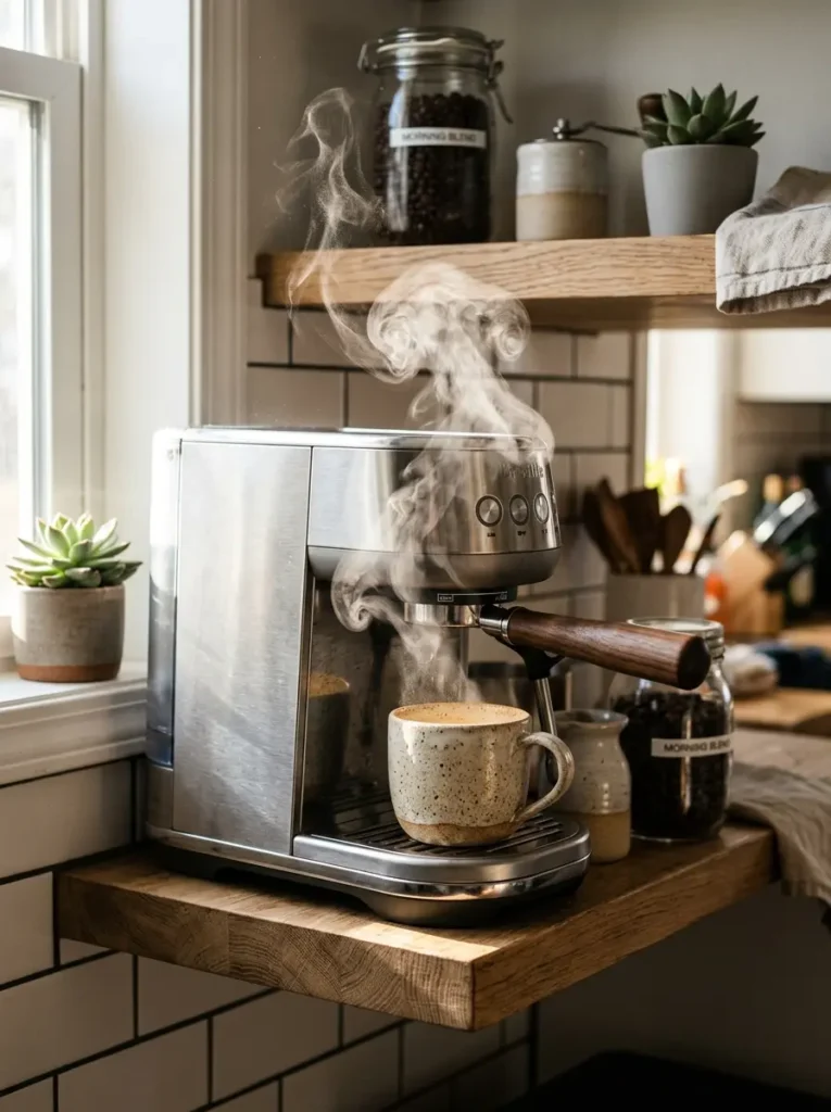 Steam rises from a stainless steel coffee machine resting on wooden kitchen shelves.