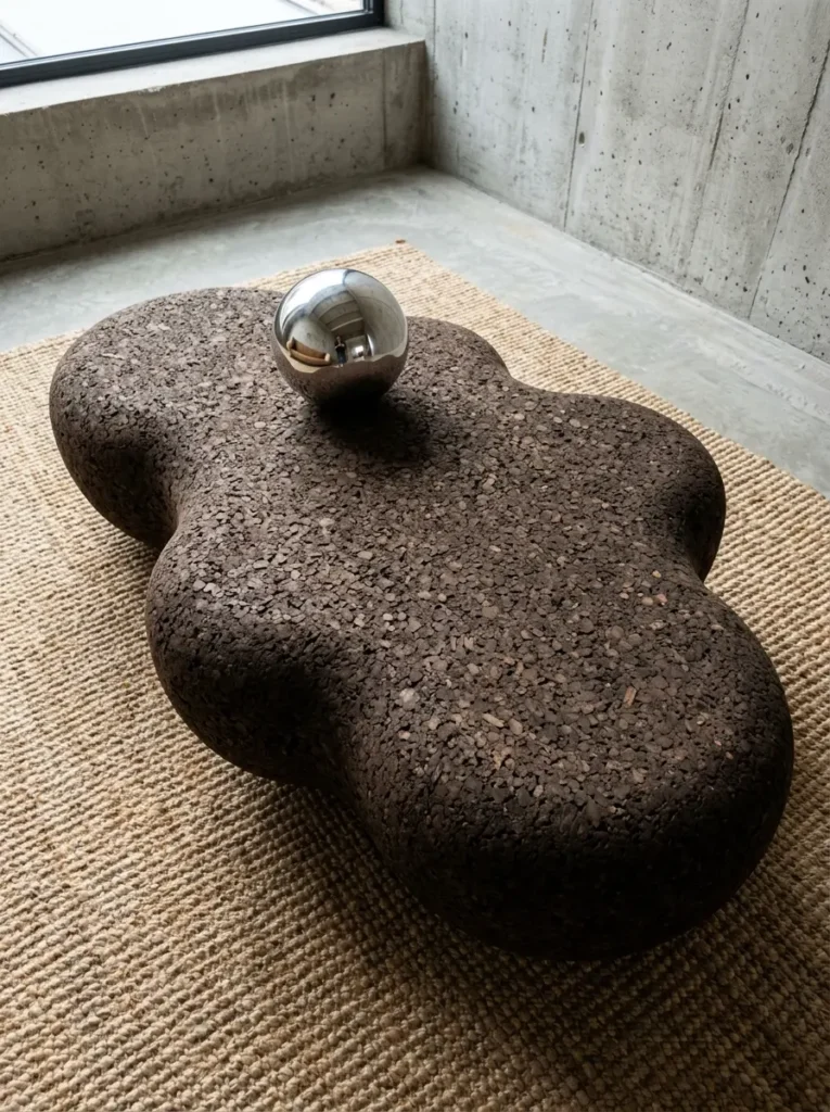 Sculptural Cork Coffee Table Organic shaped dark brown cork coffee table resting on a woven floor rug