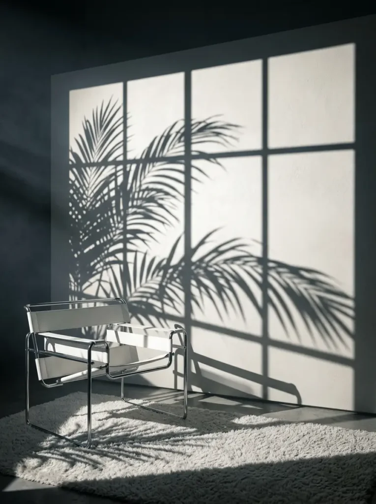 Projected palm tree shadows on a blank wall acting as lighting for dark apartments.