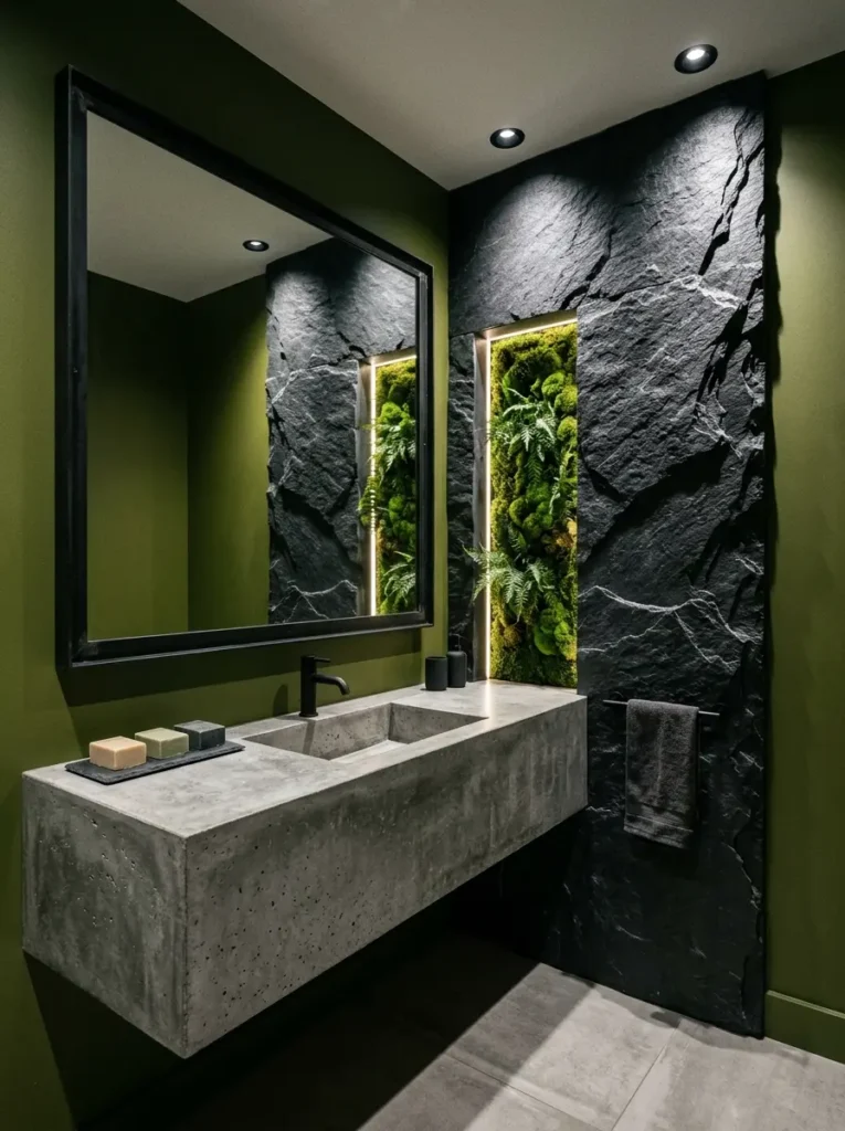 Moss Green Industrial Bathroom Olive moss green walls with black stone and living fern wall