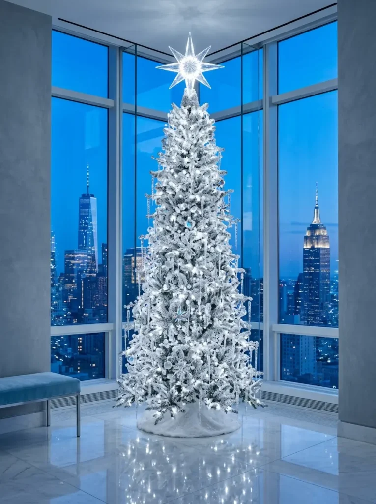 Tall heavily flocked Christmas tree dripping with clear glass icicles in front of large skyscraper windows