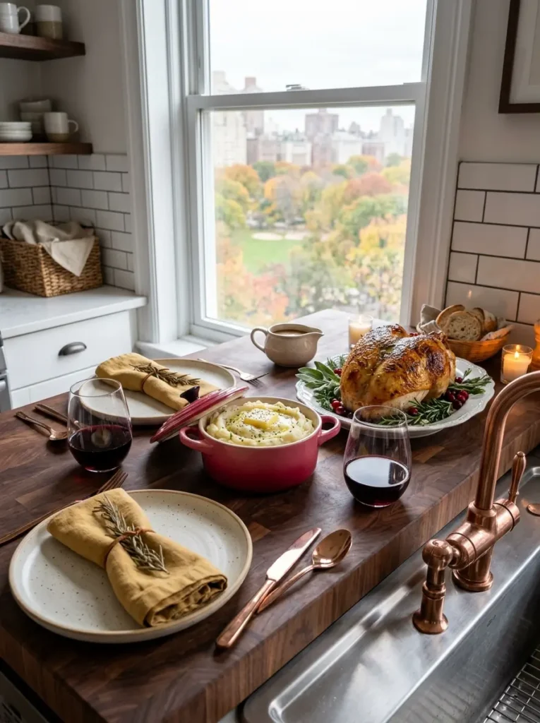 Large wooden butcher block placed over a kitchen sink holding mashed potatoes and a roasted bird