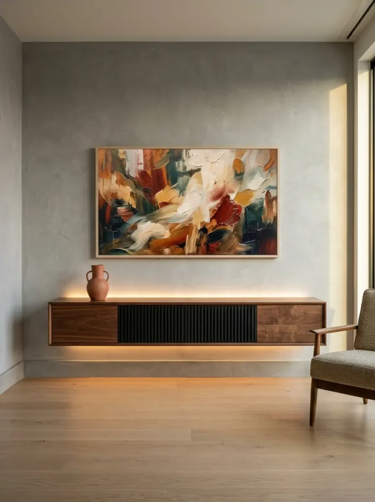Long wooden cabinet with black vertical slats hovers above a light oak floor under an abstract painting.