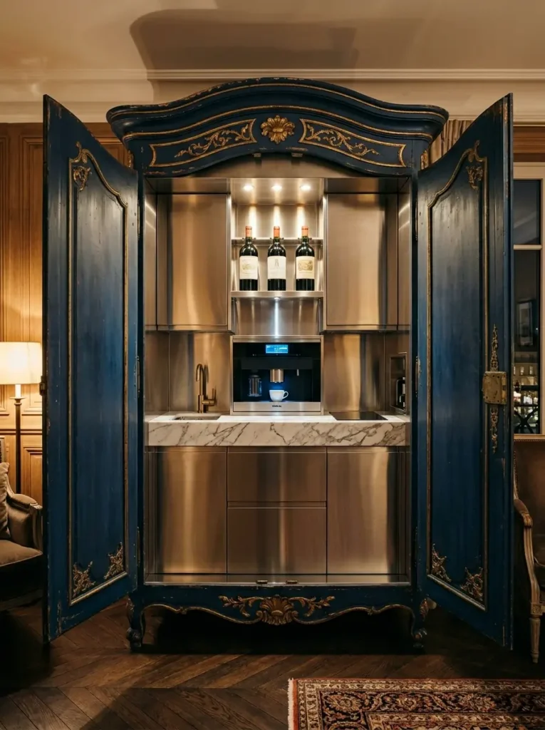 An ornate blue antique armoire with gold detailing opened to reveal a modern stainless steel kitchen and wine rack inside.