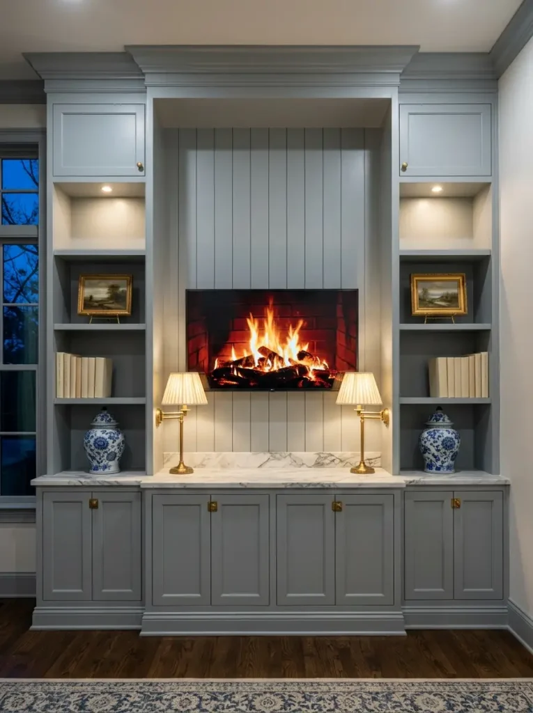 Classic painted built in cabinetry surrounds a faux fire display for a cozy small living room tv wall.