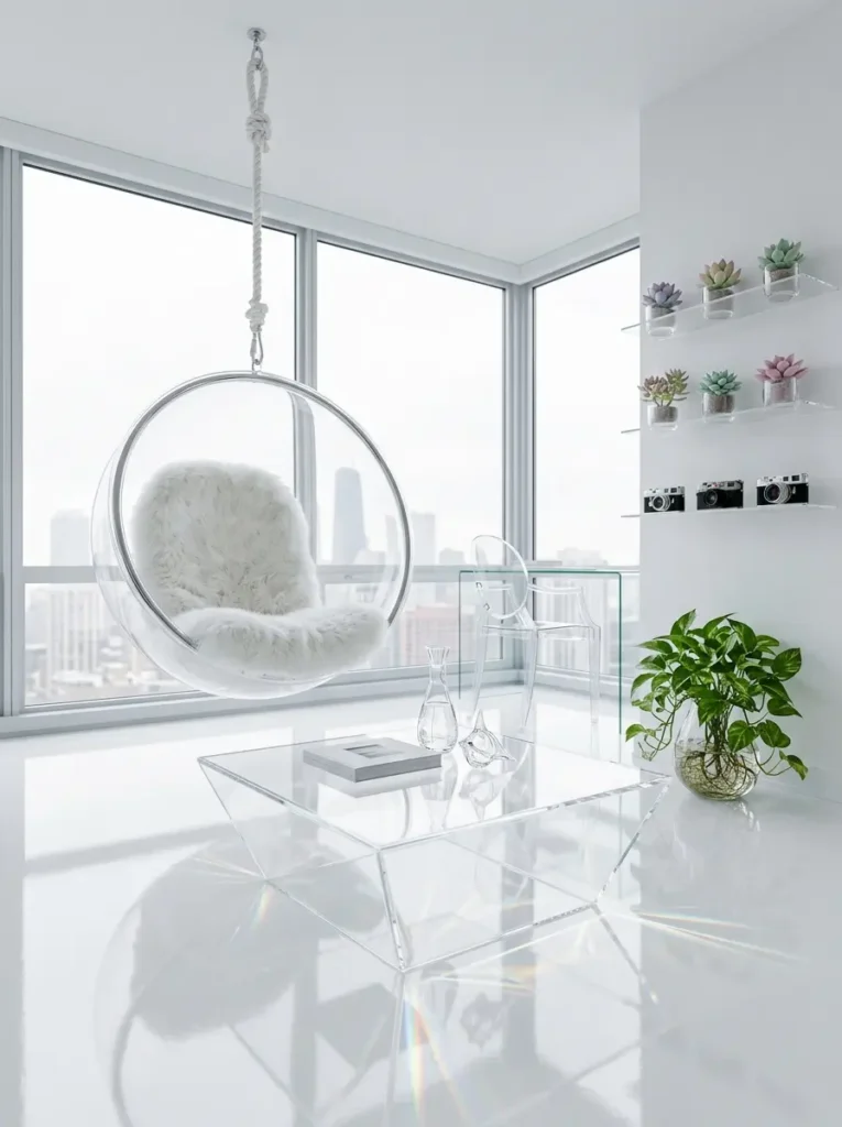 Transparent acrylic hanging bubble chair with white faux fur and a clear glass coffee table in a bright room.