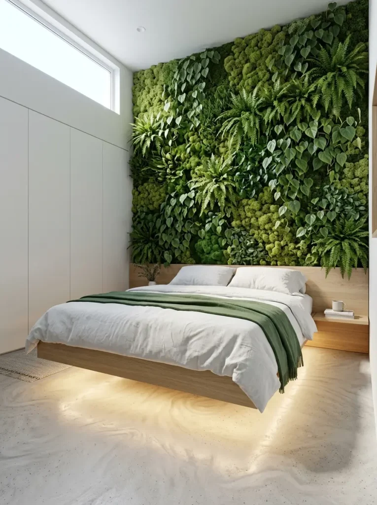 Modern floating wooden bed frame illuminated from underneath against a lush green plant wall for nature inspired decor