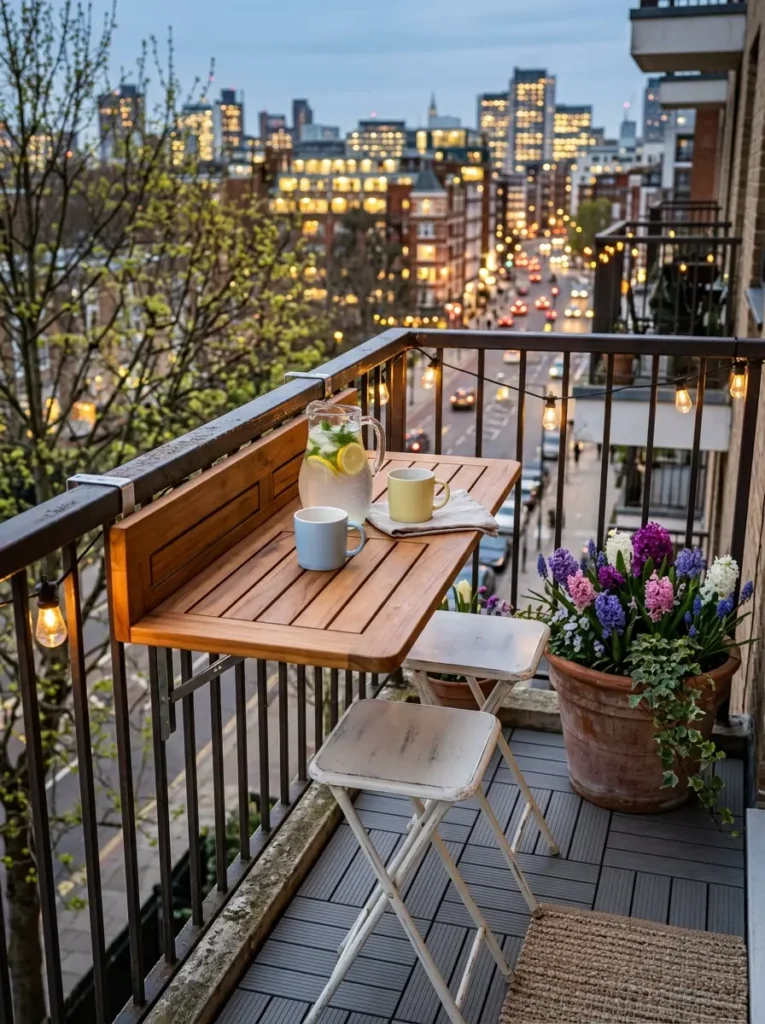 Two white metal stools sit under a folding table attached to a railing.