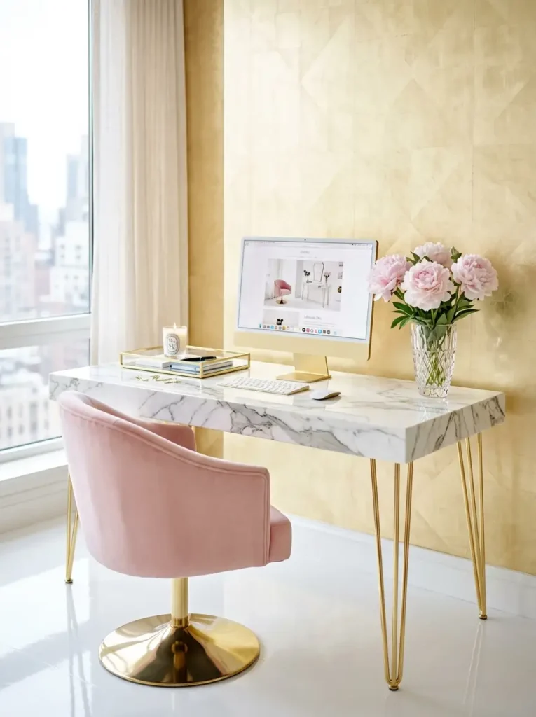 White marble desk with gold legs and a pink velvet chair.