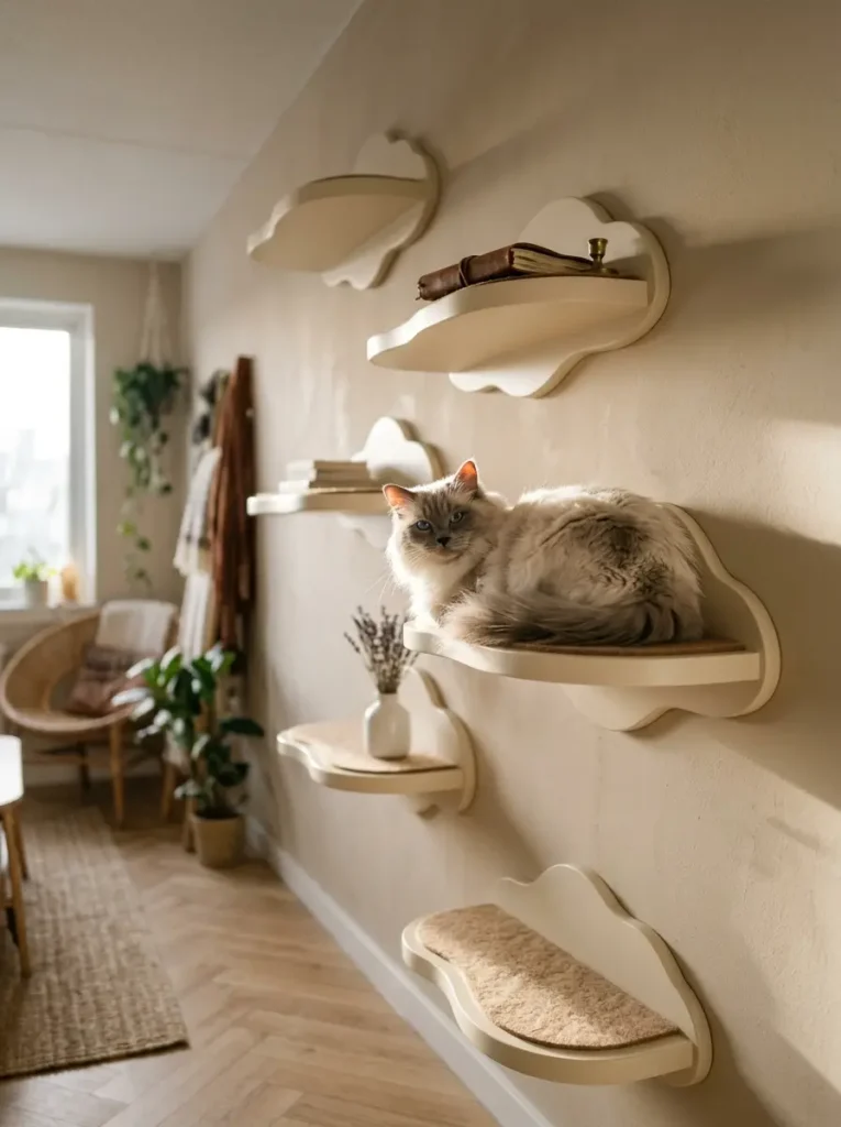 Multiple cloud shaped wooden shelves mounted on a wall with a fluffy cat resting on one.