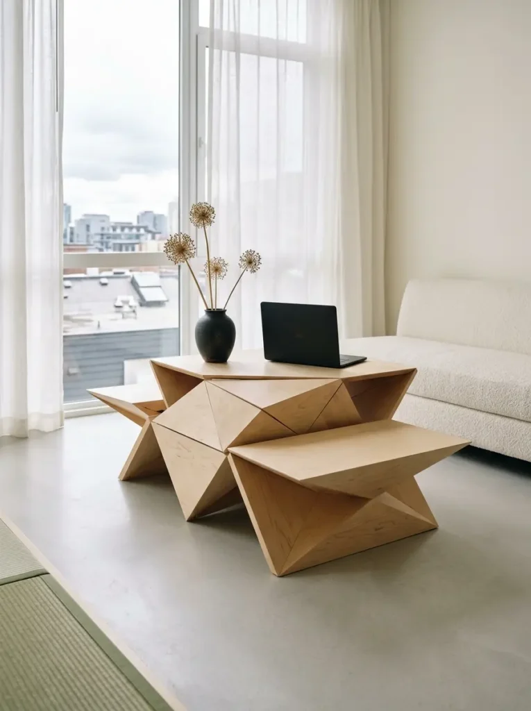 Geometric Faceted Wood Table Light wood table featuring multiple folding geometric triangles that expand outward.