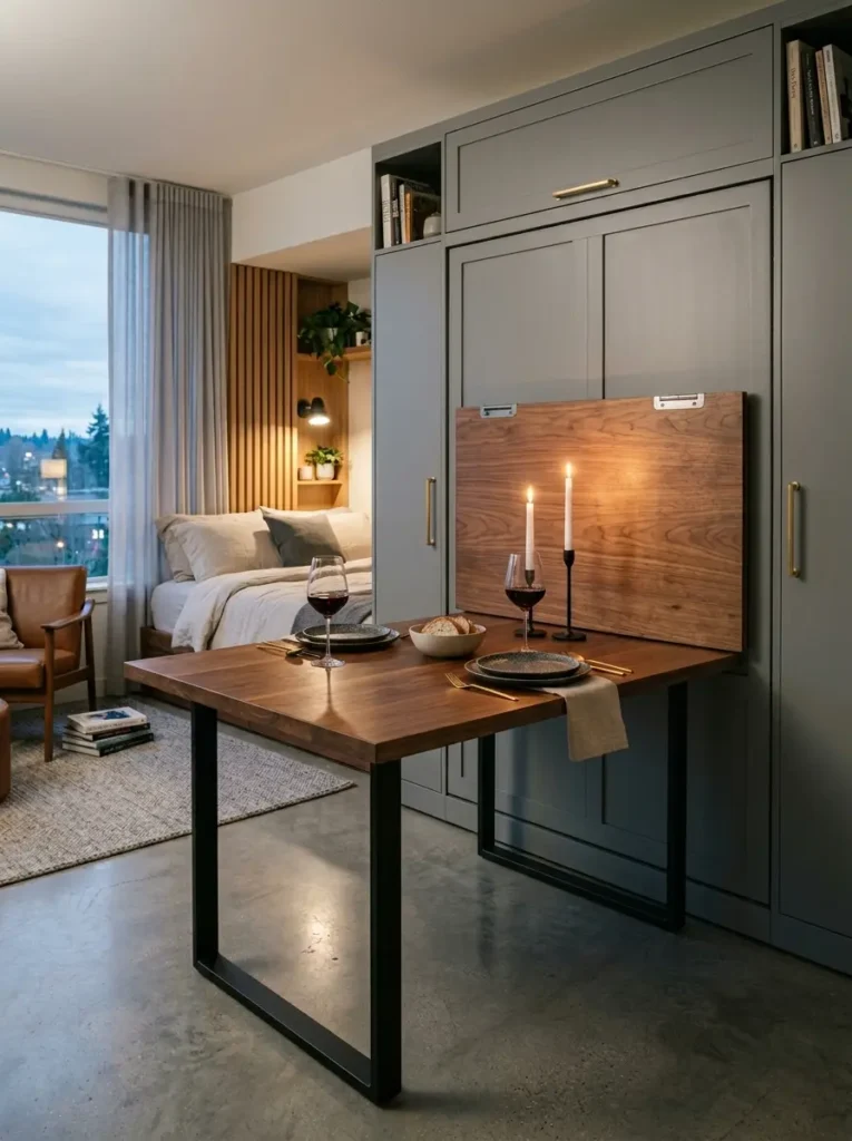 Grey Cabinet Fold Down Walnut Dining Board Solid walnut fold down space saving dining table attached to a tall grey storage cabinet.