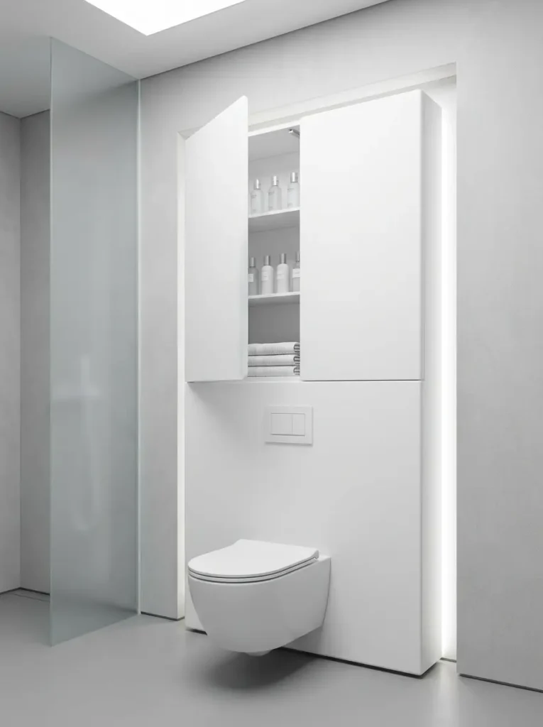 Flush white wall cabinet open revealing silver bottles above a matching white toilet