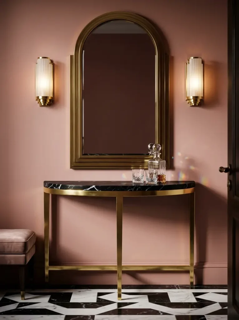 Black marble table with gold legs sits below an arched brass mirror against a blush pink wall.