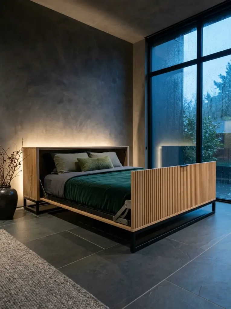 Low Profile Slatted Console Low profile affordable murphy bed unfolding sideways from a slatted wood console with warm LED lighting.