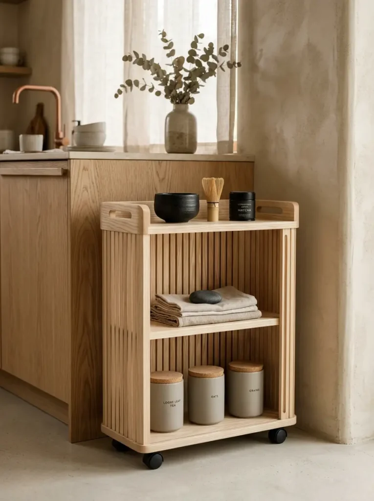 Blonde oak wood cart with vertical slats and open shelving