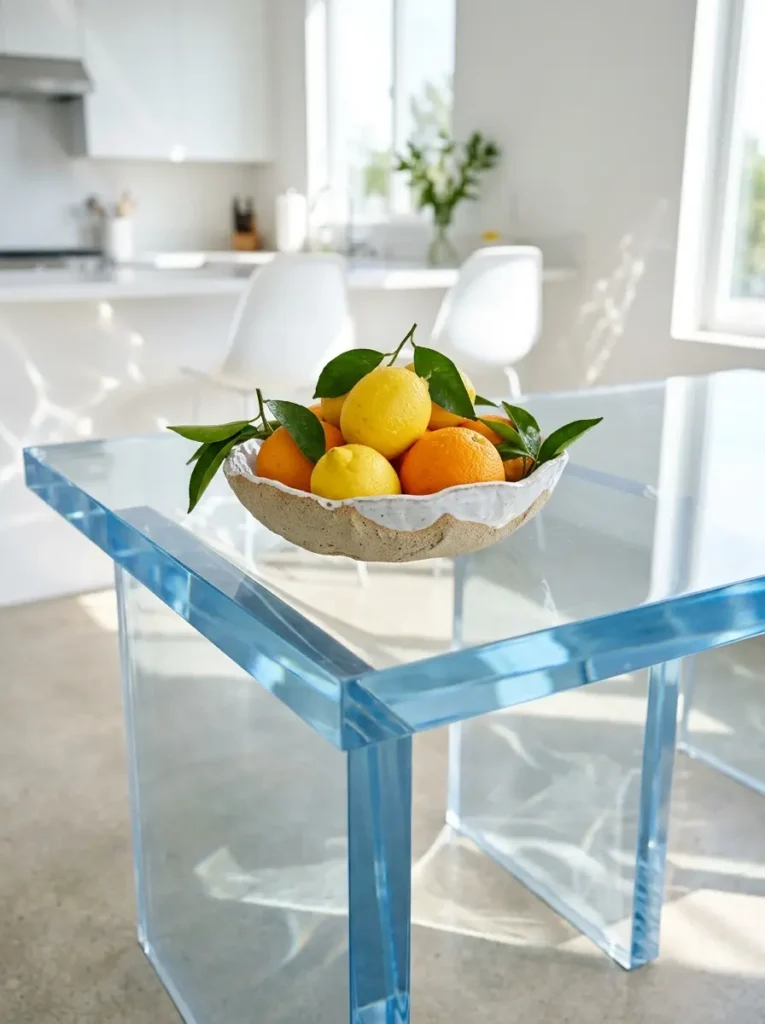 Fresh lemons and oranges in a ceramic bowl on a blue acrylic table.