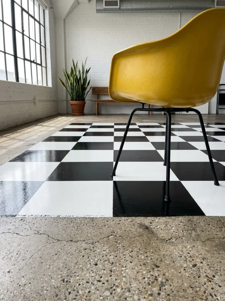 Black and white painted concrete floor in a checkerboard pattern for cheap room ideas