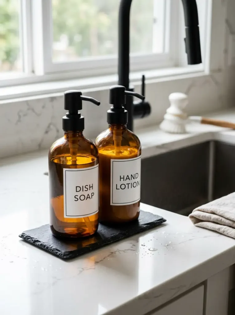 Amber Glass Kitchen Soap Dispensers Two amber glass soap dispensers with black pumps resting on a dark slate kitchen sink tray.