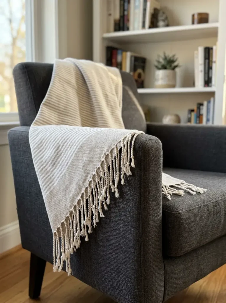 Woven Fringe Blanket Decor Idea | StylishGalore Striped woven fringe blanket resting on a dark grey armchair next to a window