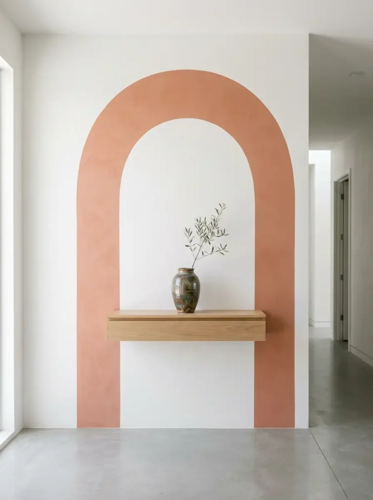 Painted Archway With Floating Console Terracotta painted wall arch behind a light oak floating shelf holding a ceramic vase.