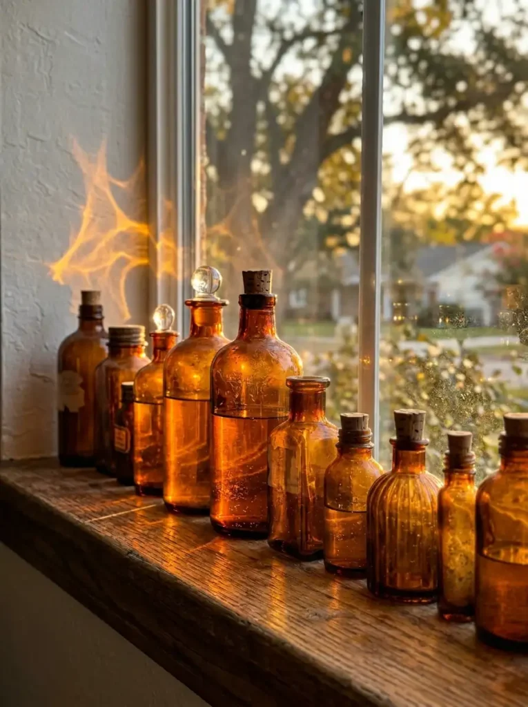 Vintage Amber Glass Bottles Window Display Collection of vintage amber glass apothecary bottles sitting on a rustic wooden window ledge in sunlight