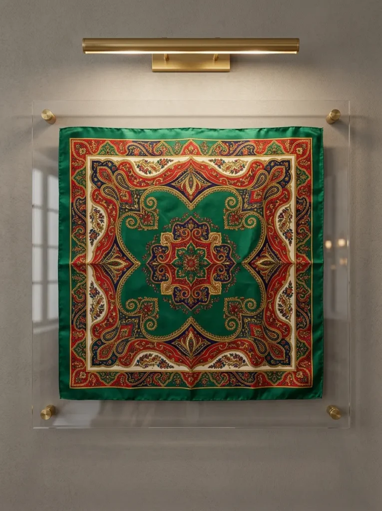 Green patterned silk scarf displayed in a clear acrylic floating frame on a textured wall.