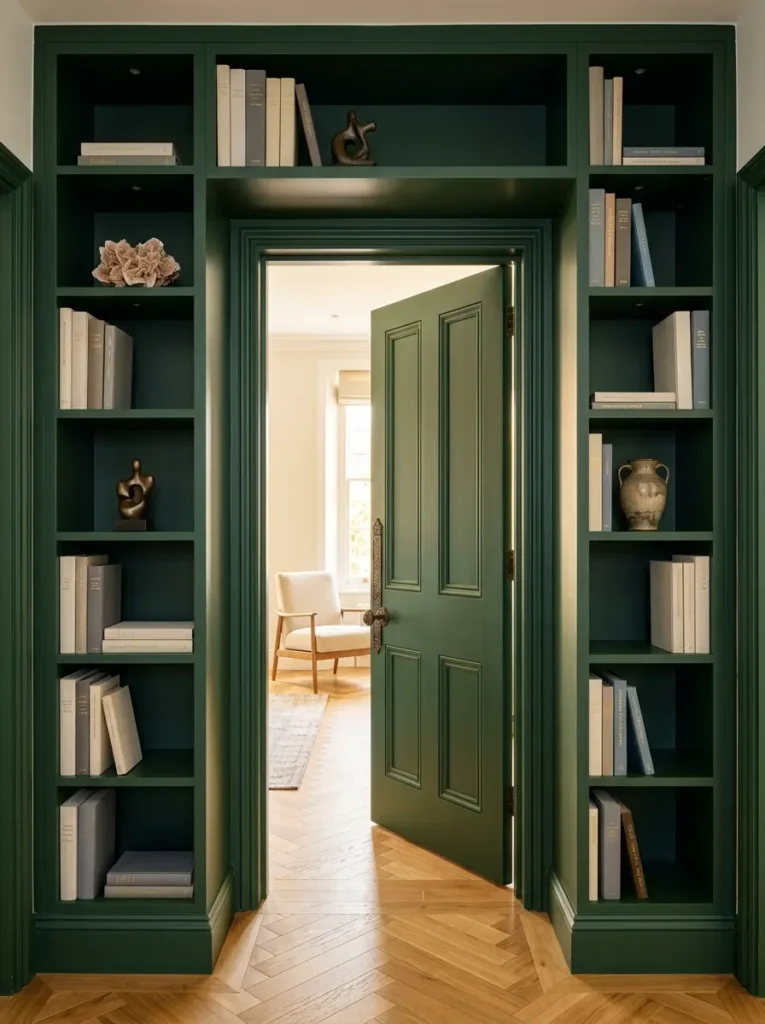 Dark green built in shelves framing a doorway in a small apartment