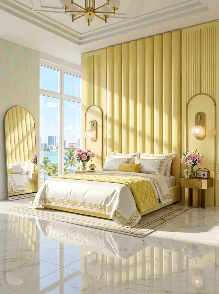 Bright spring bedroom featuring a pastel yellow fluted headboard white bedding with yellow borders and large glass windows overlooking a coastal city