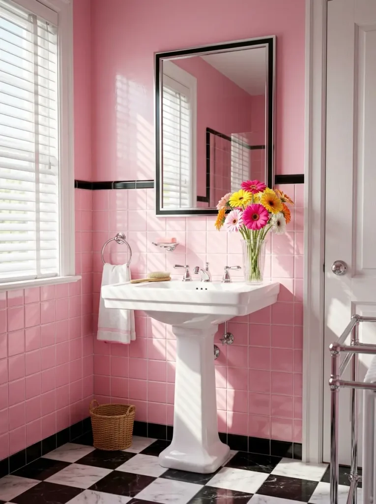 A white pedestal sink against pink tiles with a vase of colorful gerbera daisies.