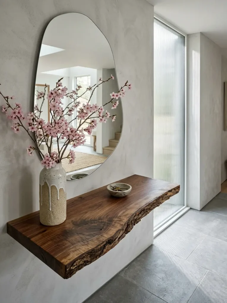 Floating live edge wood table with pink spring blossoms in a ceramic vase.