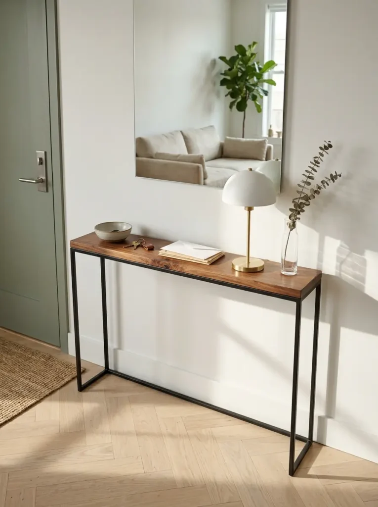 Ultra narrow console table in a small apartment entryway showing space saving furniture layout.